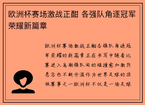 欧洲杯赛场激战正酣 各强队角逐冠军荣耀新篇章